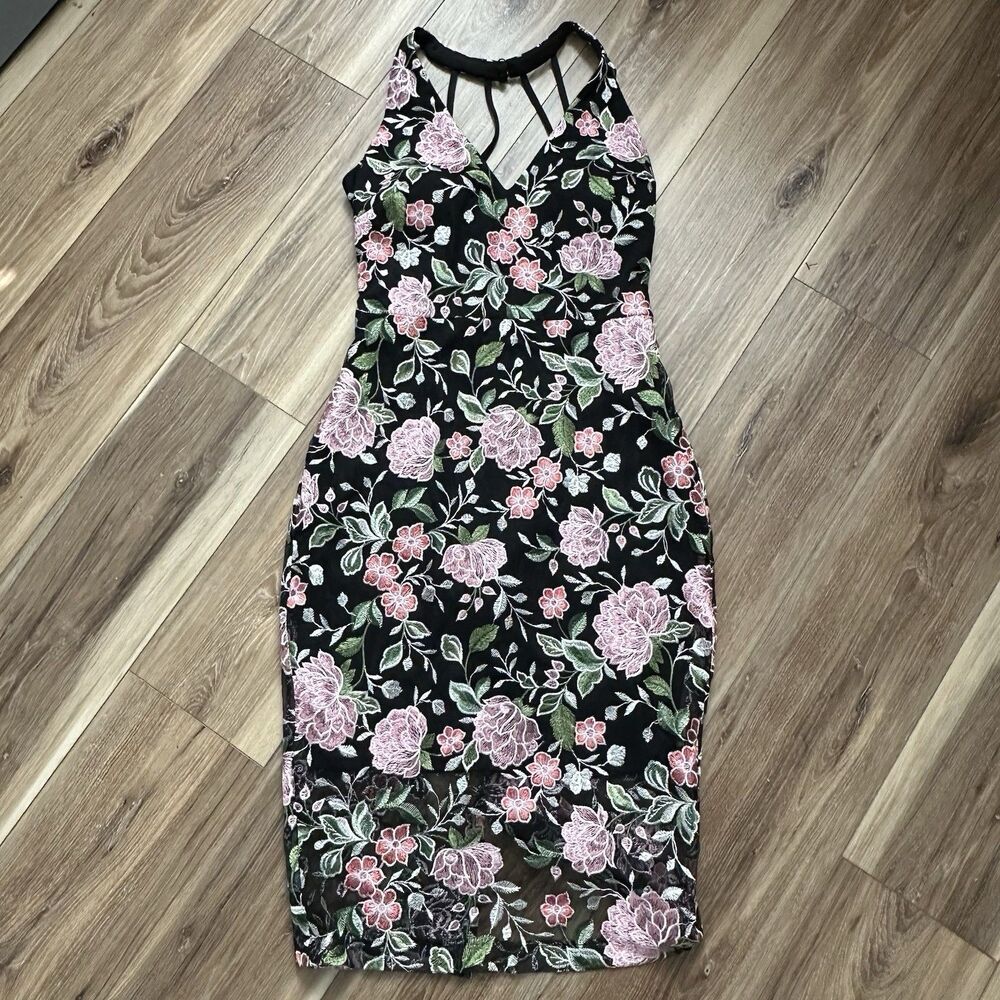 GUESS Women’s Black Floral Embroidered Mesh Sheath Dress | Padded Bust | Size 6 - Picture 3 of 15